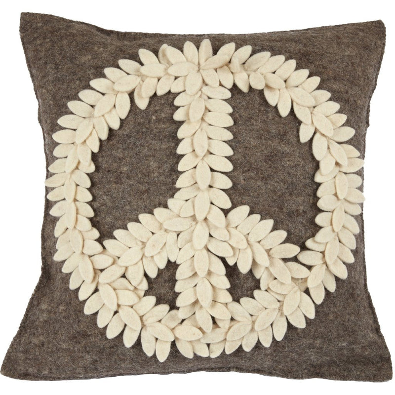 Hand Felted Wool Pillow Cover –Cream Peace Sign on Gray – 20”