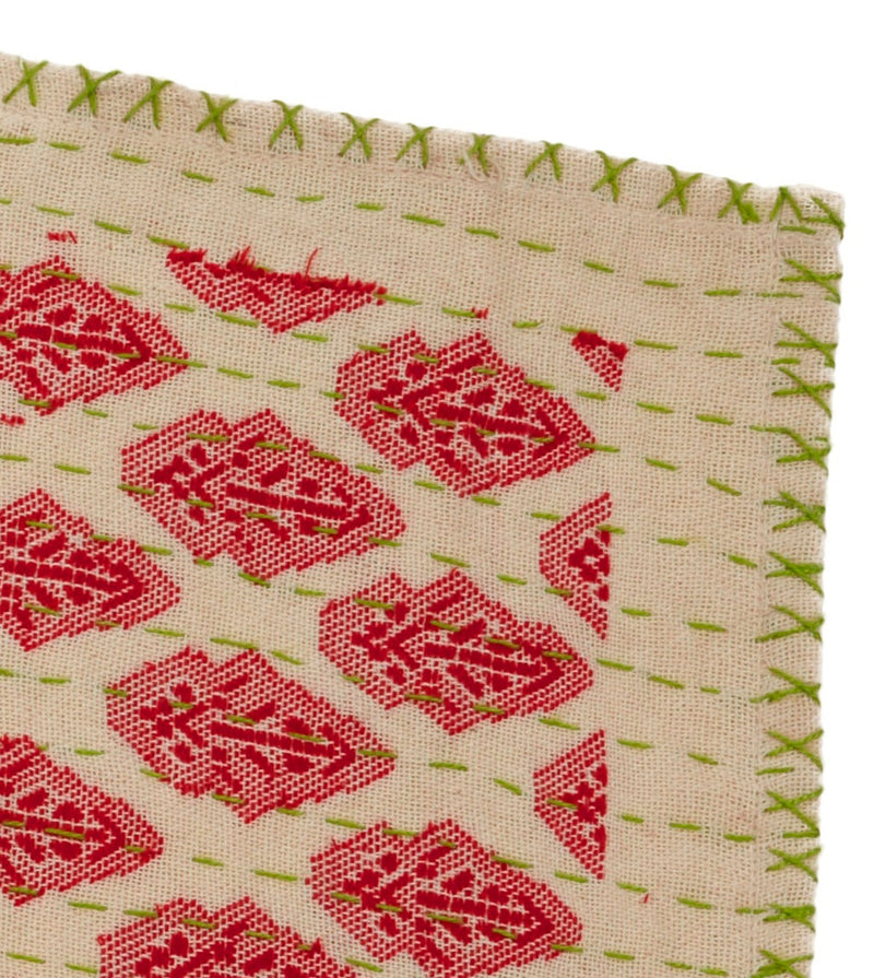 Artisan Hand Loomed Cotton Table Runner - Red with Green Stitching - 18"x96"
