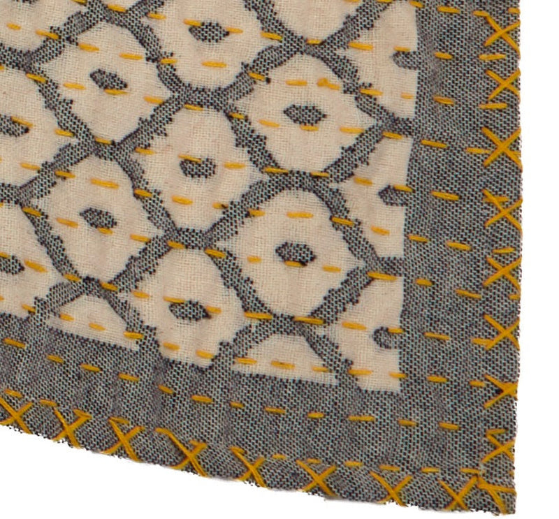 Artisan Hand Loomed Cotton Table Runner - Gray with Yellow Stitching - 18"x96"