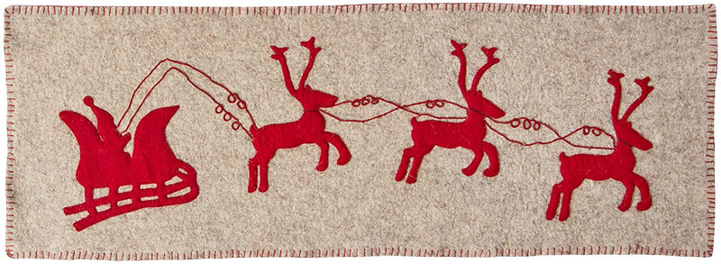 Handmade Gray Hand Felted Wool Christmas Table Runner - Reindeer and Sleigh - 16"x44"
