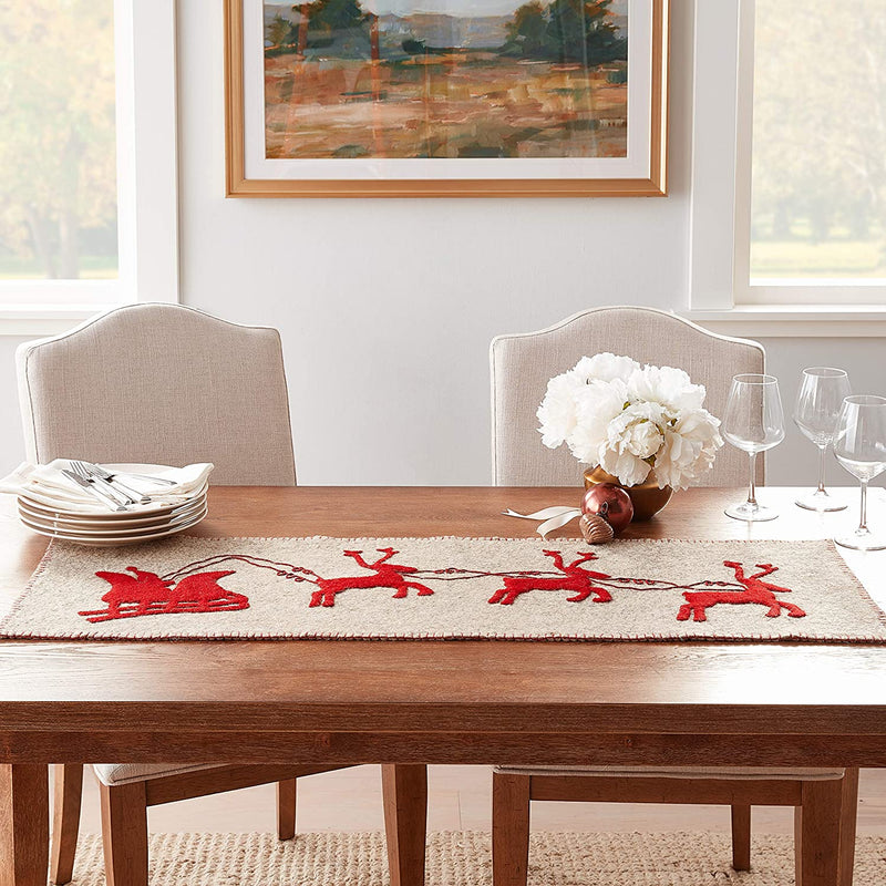 Handmade Gray Hand Felted Wool Christmas Table Runner - Reindeer and Sleigh - 16"x44"