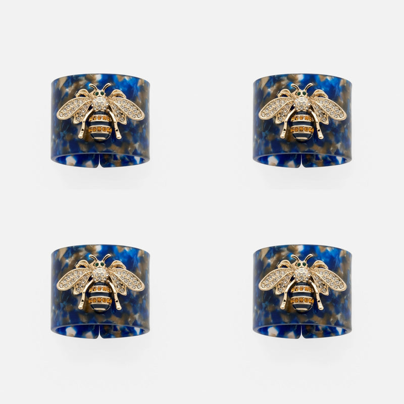 Stripey bee resin napkin rings, blue tortoiseshell, set of four