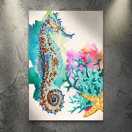 Vibrant Seahorse Watercolor Portrait Canvas Wall Art