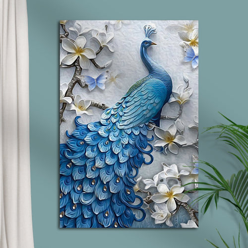 Elegant Peacock And White Magnolias Painting Portrait Canvas Wall Art