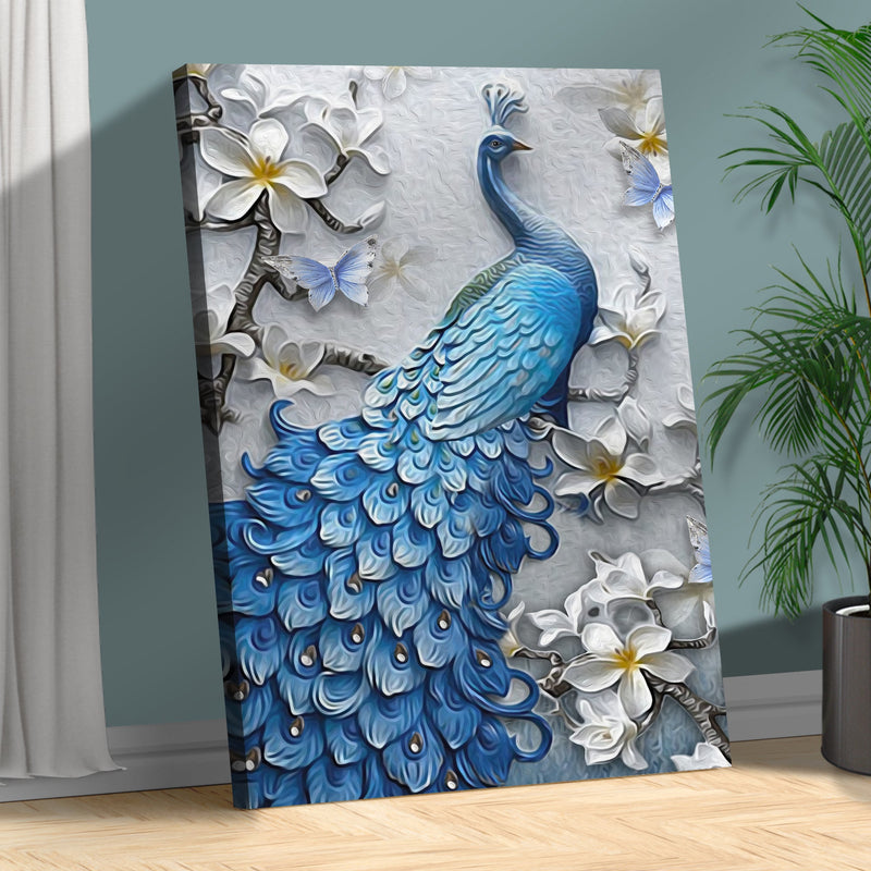 Elegant Peacock And White Magnolias Painting Portrait Canvas Wall Art