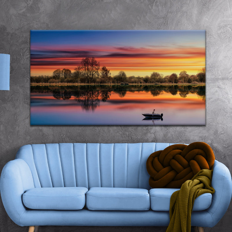 Sunset Lake Boat Canvas Wall Art
