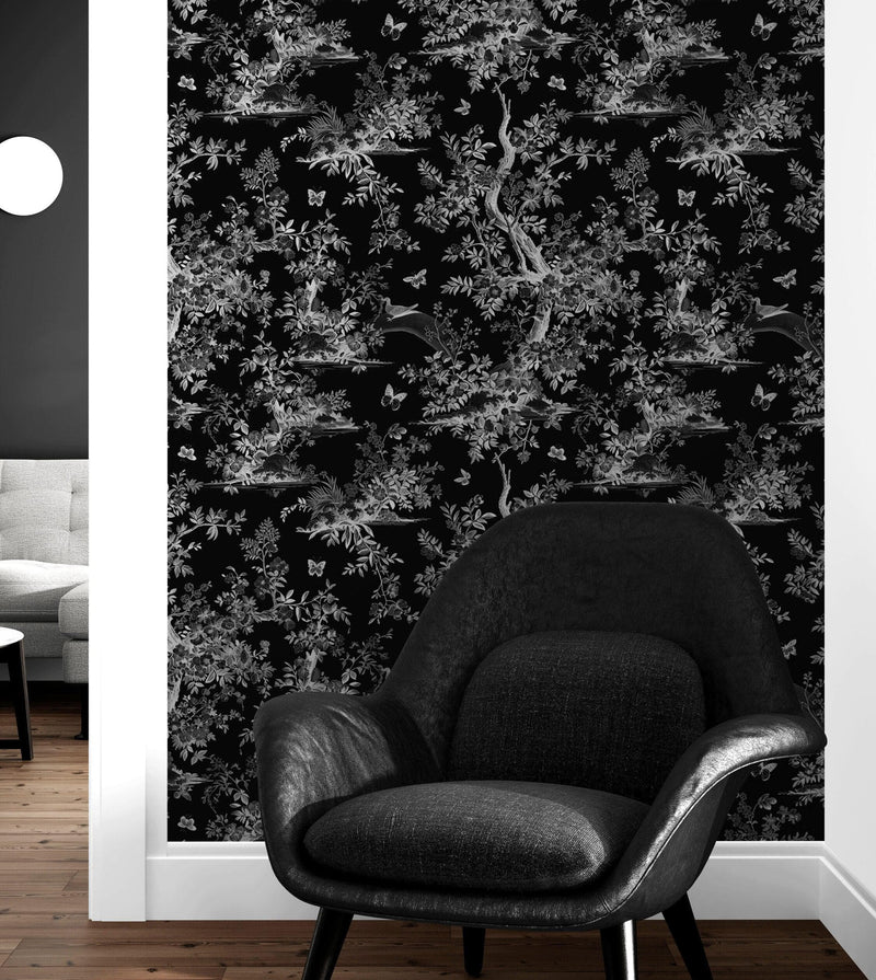 Black and White Toile De Jouy Vintage Wallpaper Mural. #6728