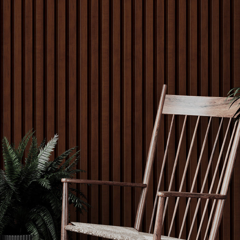 Wooden Vertical Panel Wallpaper. Dark Brown Wainscot Hardwood Wall Mural Print. #6734
