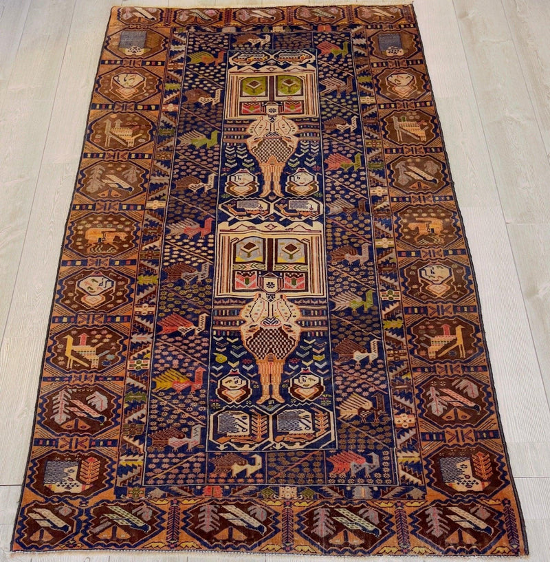 Afghani Vintage Pictorial Rug I Tribal Baluchi 4X7 Ft