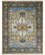 Ivory, Beige, Blue and Charcoal Traditional Heriz Hand Knotted Multi Size wool Area Rug