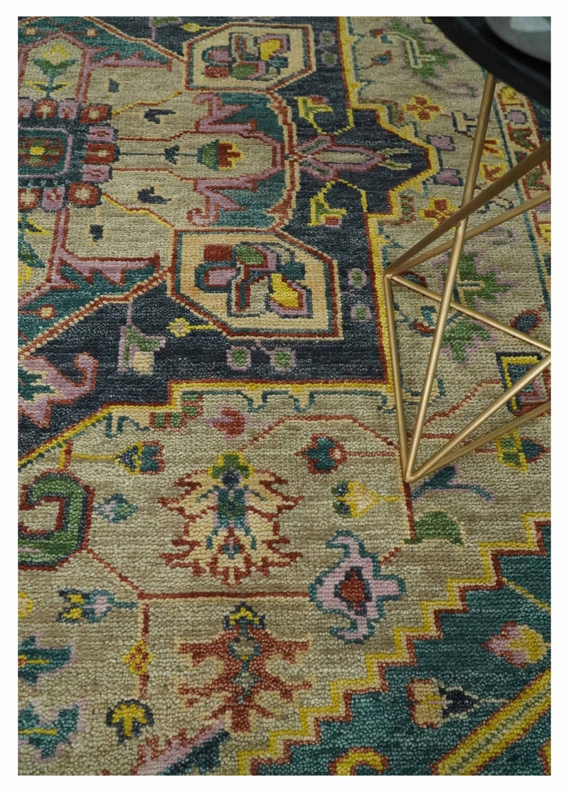 Custom Made Antique look Hand Knotted Camel, Teal and Charcoal Traditional Heriz Serapi Wool Rug