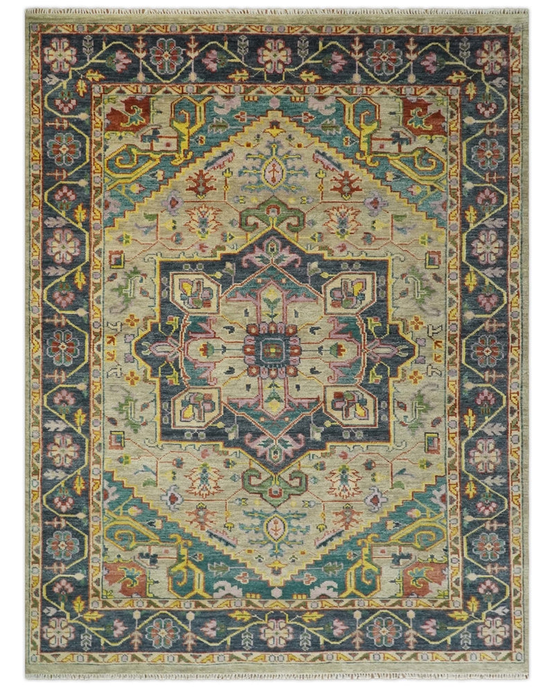 Custom Made Antique look Hand Knotted Camel, Teal and Charcoal Traditional Heriz Serapi Wool Rug