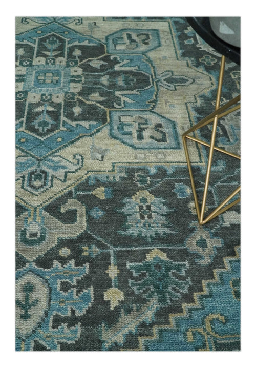 Antique look Hand Knotted Charcoal, Camel and Blue Traditional Heriz Serapi Multi size Wool Area Rug