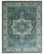 Antique look Hand Knotted Charcoal, Camel and Blue Traditional Heriz Serapi Multi size Wool Area Rug