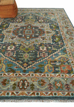 Hand Knotted Charcoal, Camel and Teal Traditional Heriz Serapi Multi size Wool Area Rug