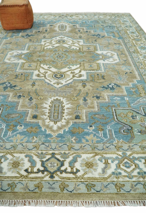 3x5 Antique Camel, Blue and Ivory Heriz Serapi Wool Rug