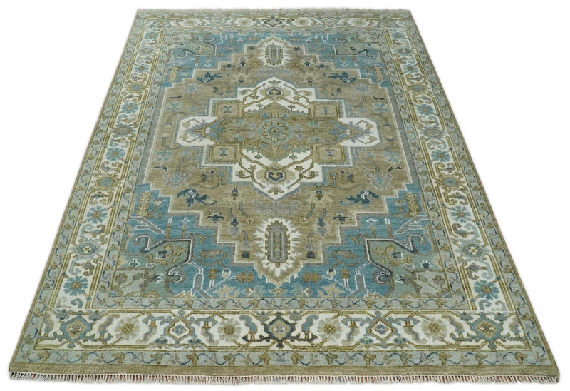 3x5 Antique Camel, Blue and Ivory Heriz Serapi Wool Rug