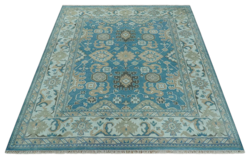 Antique  Blue and Ivory 8x10Traditional Persian Oushak Wool Rug | TRDCP1126810