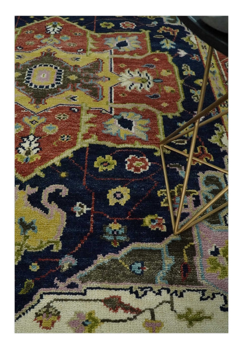 Blue and Rust Hand Knotted Traditional Vintage Style Heriz Serapi Multi Size Wool Area Rug