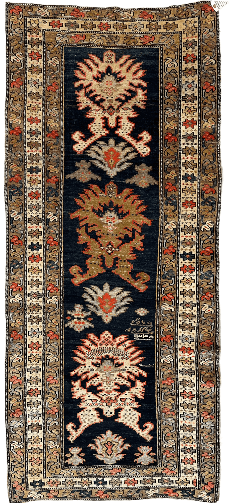Antique Caucasian KarabakhSigned & Dated Wool on Wool Runner Rug 3 X 7
