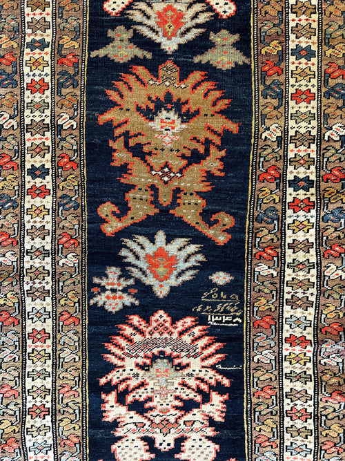 Antique Caucasian KarabakhSigned & Dated Wool on Wool Runner Rug 3 X 7