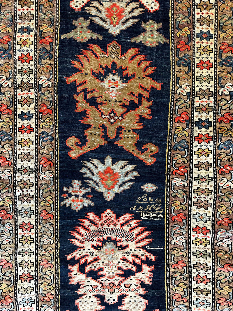 Antique Caucasian KarabakhSigned & Dated Wool on Wool Runner Rug 3 X 7