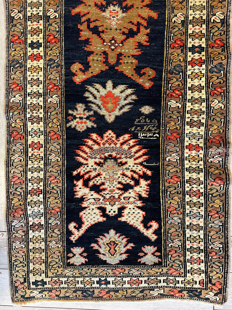 Antique Caucasian KarabakhSigned & Dated Wool on Wool Runner Rug 3 X 7