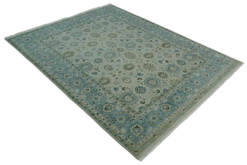 Antique Fine 8x10 Hand Knotted Beige and Blue Traditional Vintage Persian Wool Rug | TRDCP828810