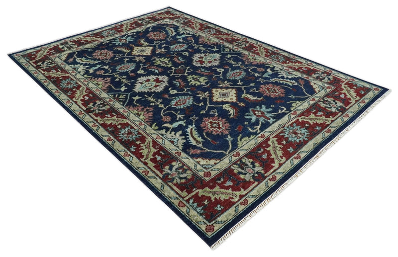 Antique Hand Knotted Blue, Beige and Rust Traditional Oriental Oushak Custom Made Wool Area Rug