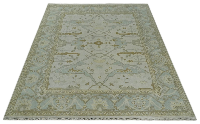 Antique Ivory, Silver and Beige Hand Knotted 8x10 Oriental Oushak Wool Area Rug, Living Room Rug | TRDCP1161810