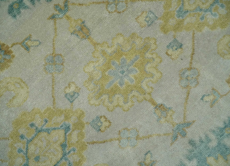 Antique look 8x10 Ivory, Emerald Green and Beige Hand Knotted Oushak Area Rug | TRDCP1196810