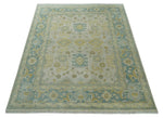 Antique look 8x10 Ivory, Emerald Green and Beige Hand Knotted Oushak Area Rug | TRDCP1196810