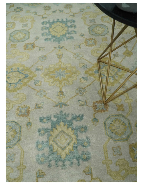 Antique look 8x10 Ivory, Emerald Green and Beige Hand Knotted Oushak Area Rug | TRDCP1196810