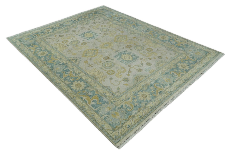 Antique look 8x10 Ivory, Emerald Green and Beige Hand Knotted Oushak Area Rug | TRDCP1196810