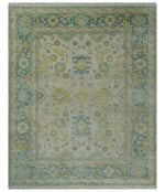 Antique look 8x10 Ivory, Emerald Green and Beige Hand Knotted Oushak Area Rug | TRDCP1196810