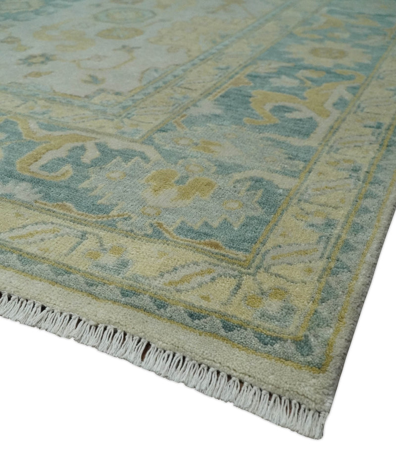 Antique look 8x10 Ivory, Emerald Green and Beige Hand Knotted Oushak Area Rug | TRDCP1196810