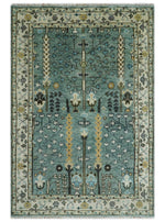 Hand Knotted Aqua Green and Ivory Traditional Turkish Vintage Style Multi Size Wool Area Rug