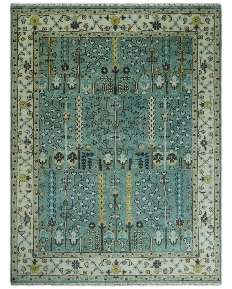 Hand Knotted Aqua Green and Ivory Traditional Turkish Vintage Style Multi Size Wool Area Rug