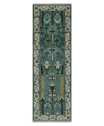 Hand Knotted Aqua Green and Ivory Traditional Turkish Vintage Style Multi Size Wool Area Rug