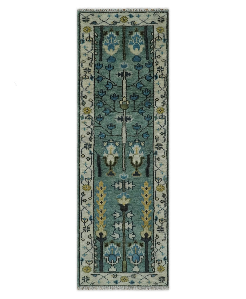 Hand Knotted Aqua Green and Ivory Traditional Turkish Vintage Style Multi Size Wool Area Rug