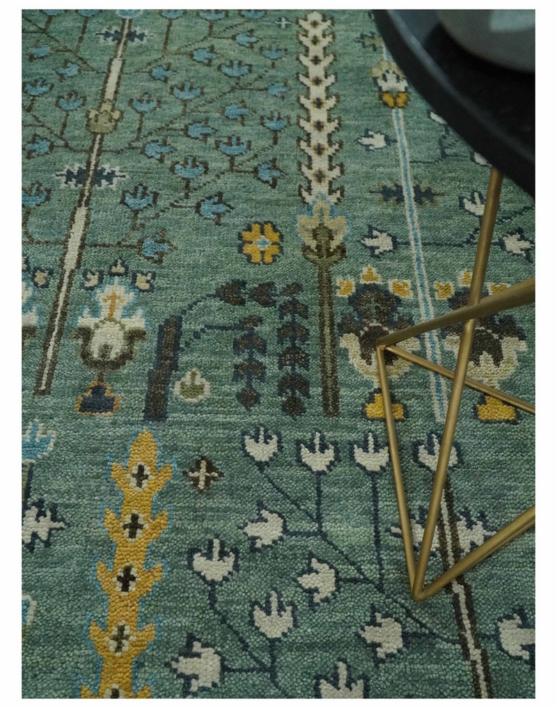 Hand Knotted Aqua Green and Ivory Traditional Turkish Vintage Style Multi Size Wool Area Rug