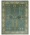 Hand Knotted Aqua Green and Ivory Traditional Turkish Vintage Style Multi Size Wool Area Rug