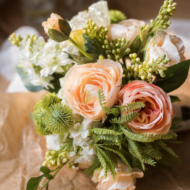 Artificial Silk Flower Bouquet Champagne Rose 12" Tall