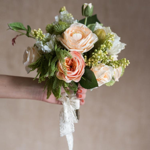 Artificial Silk Flower Bouquet Champagne Rose 12" Tall
