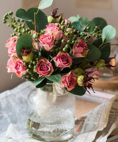 Artificial Silk Flower Bouquet Pink Rose 12" Tall