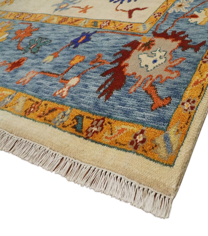 Vibrant Colorful Beige, Blue and Brown Traditional Oushak Hand Knotted Custom made Wool Area Rug