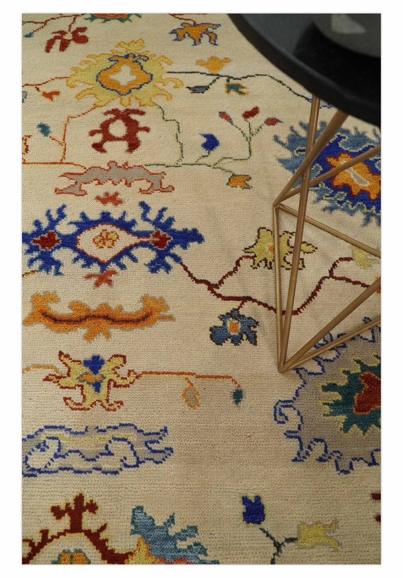 Vibrant Colorful Beige, Blue and Brown Traditional Oushak Hand Knotted Custom made Wool Area Rug