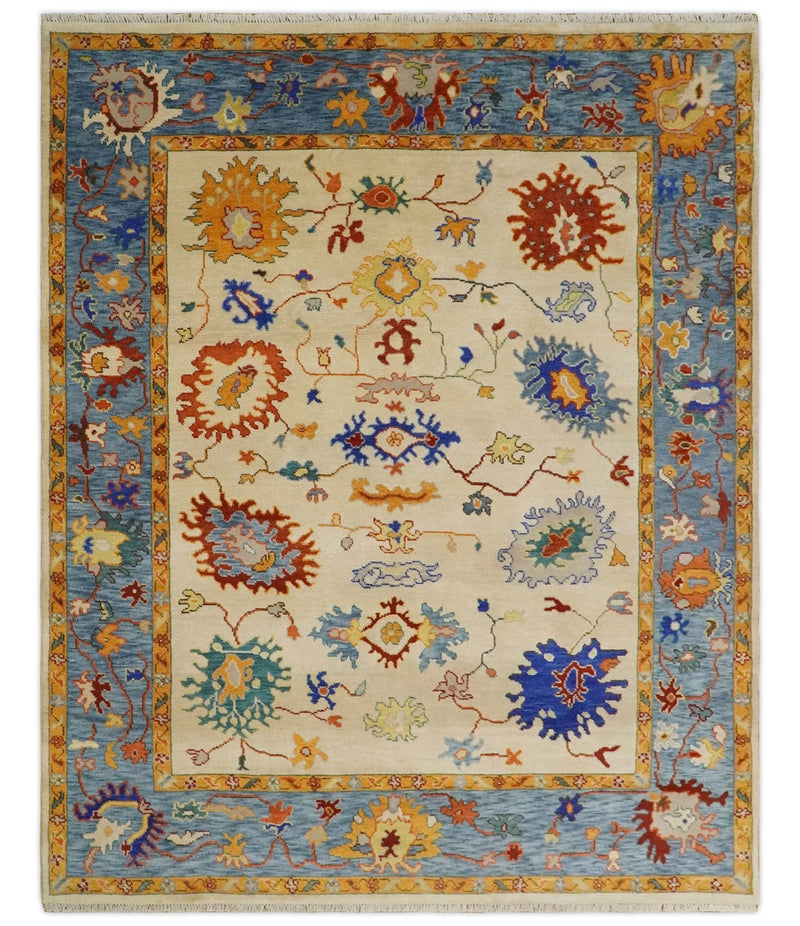 Vibrant Colorful Beige, Blue and Brown Traditional Oushak Hand Knotted Custom made Wool Area Rug