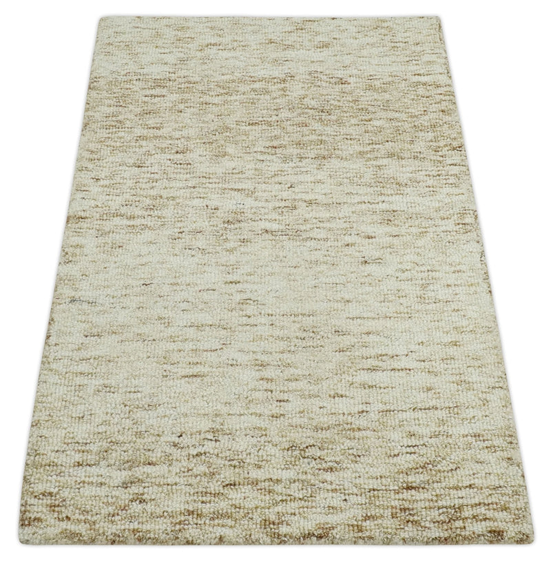 3x5 Beige and Ivory Shaded Solid Wool Hand Woven Rug