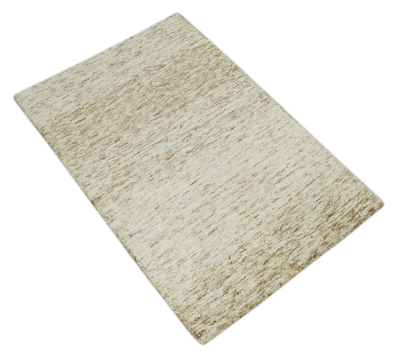 3x5 Beige and Ivory Shaded Solid Wool Hand Woven Rug